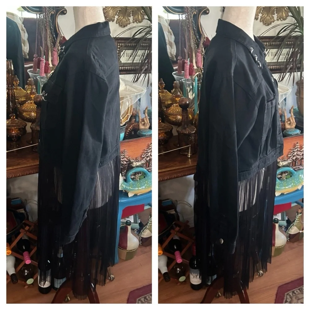 Pierced Black Denim Jacket w Detachable Sheer Tulle Panel - Picture 14 of 16